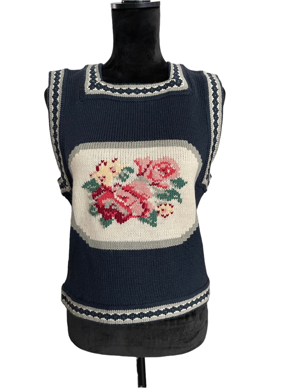 Vintage Herman Geist Navy Floral Intarsia Sleeveless Sweater Vest